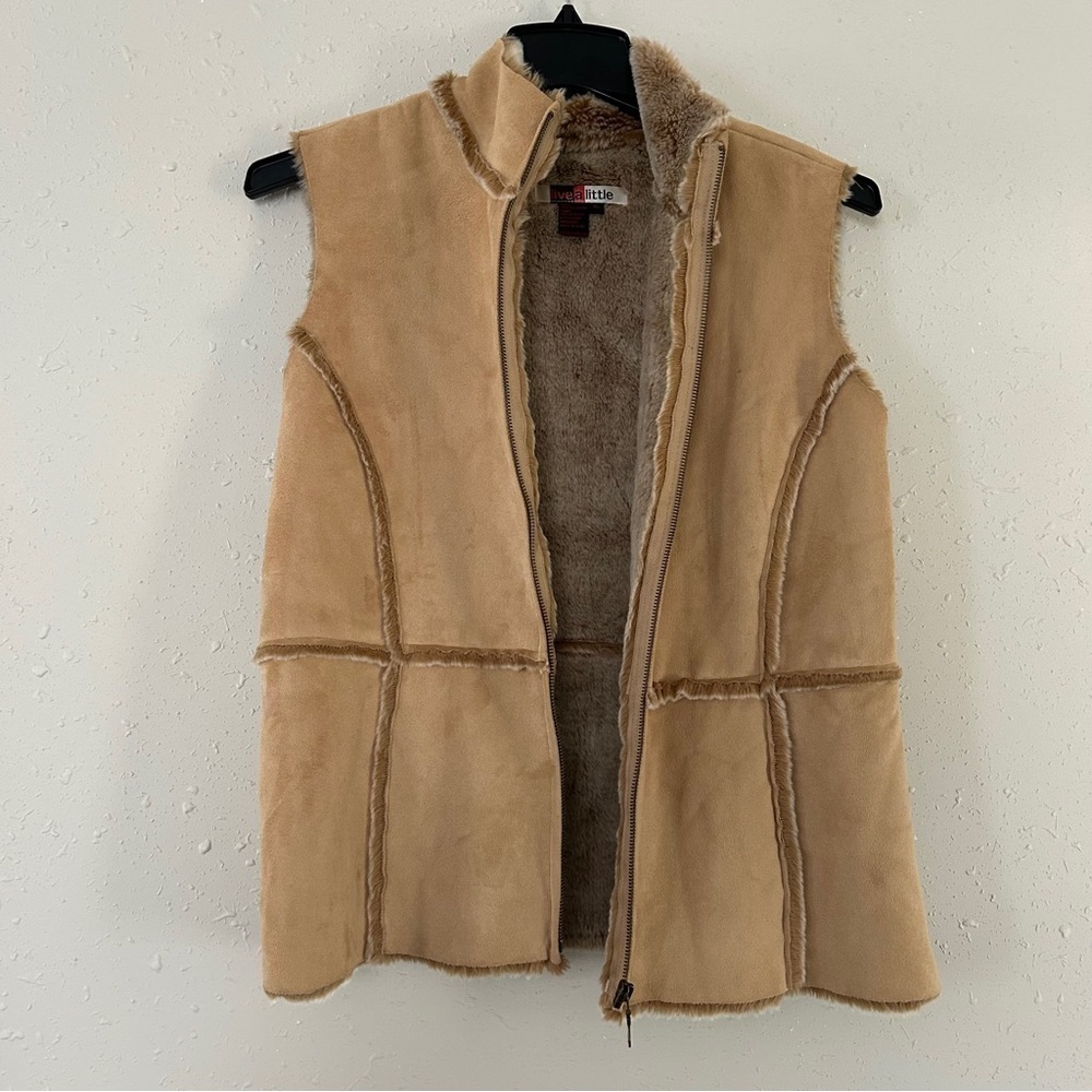 Live A Little Faux Suede Faux Fur Tan Vest Bohemian Casual Western 70s Retro XL